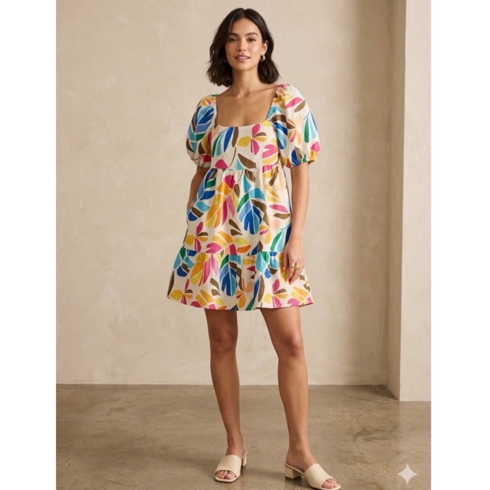 Tabitha Brown X Target Linen Blend Puff Sleeve Rainbow Leaf Print Mini Dress M
